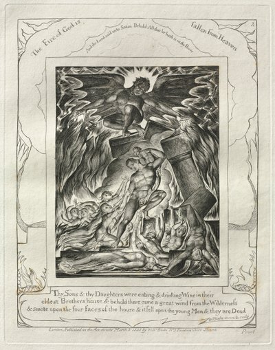 Jobin kirja: Pl. 3, Poikasi ja tyttäresi söivät ja joivat viiniä..., 1825. tekijältä William Blake