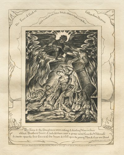 Jobin kirja: Pl. 3, Poikasi ja tyttäresi söivät ja joivat viiniä..., 1825. tekijältä William Blake