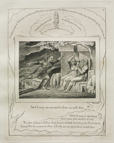 Jobin kirja: Pl. 4, Ja minä vain pakenin yksin kertoakseni sinulle, 1825. tekijältä William Blake