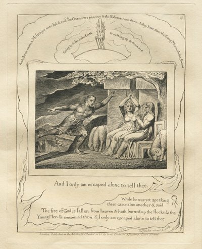 Jobin kirja: Pl. 4, Ja minä vain pakenin yksin kertoakseni sinulle, 1825. tekijältä William Blake