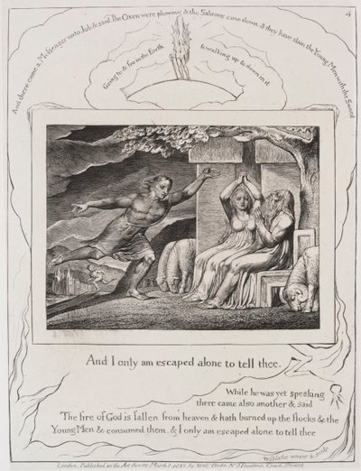 Jobin kirja: Pl. 4, ja olen vain paennut yksin kertoakseni sinulle, 1825. tekijältä William Blake