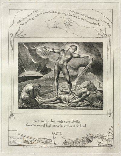 Jobin kirja: Pl. 6, Ja löi Jobia jalkapohjasta kipeillä paiseilla..., 1825. tekijältä William Blake