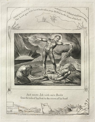 Jobin kirja: Pl. 6, ja löi Jobia kipeillä paiseilla / hänen jalkapohjasta pään kruunuun tekijältä William Blake