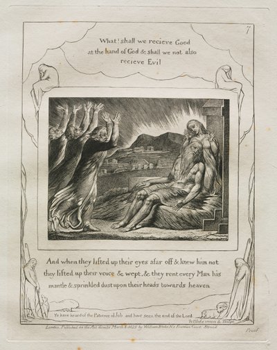 Jobin kirja: Pl. 7, Ja kun he nostivat katseensa kauas eivätkä tunteneet häntä..., 1825. tekijältä William Blake