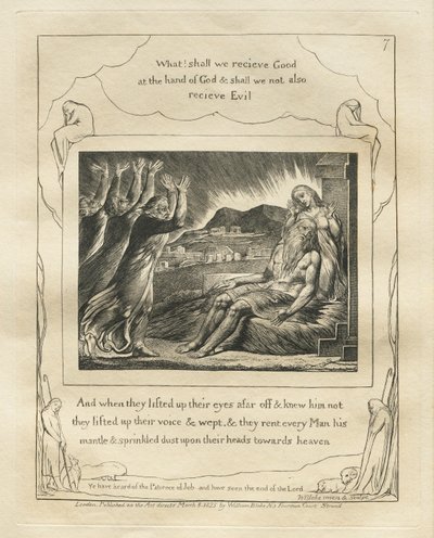 Jobin kirja: Pl. 7, Ja kun he nostivat katseensa kauas eivätkä tunteneet häntä..., 1825. tekijältä William Blake