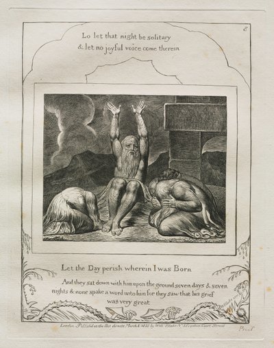Jobin kirja: Pl. 8, hukkukoon päivä, jolloin synnyin, 1825. tekijältä William Blake