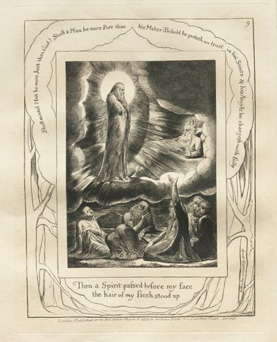 Jobin kirja: Pl. 9, Sitten Henki kulki kasvojeni edestä, lihani karvat nousivat, 1825. tekijältä William Blake