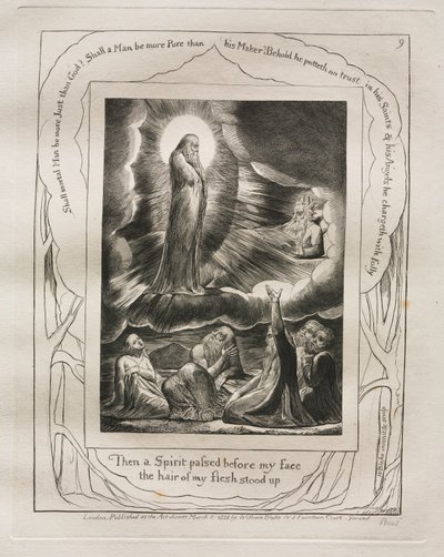 Jobin kirja: Pl. 9, Sitten Henki kulki kasvojeni edestä, lihani karvat nousivat, 1825. tekijältä William Blake
