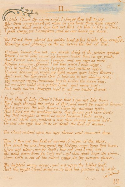 Thel -kirja, levy 5, II. , Oo pieni pilvi. . . . tekijältä William Blake
