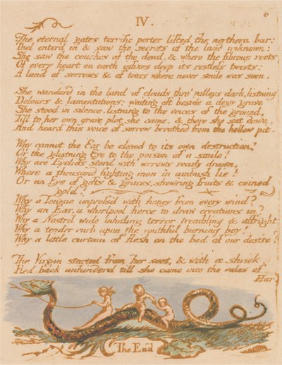 Thel-kirja, levy 8, "IV. / ikuiset portit..." tekijältä William Blake