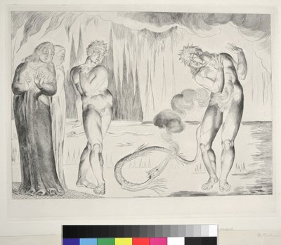 Varkaiden ympyrä: Buoso Donati käärmeen kimppuun, Inferno, Canto XXV, kuvitus Dante Alighierin jumalallisesta komediasta, 1827 tekijältä William Blake