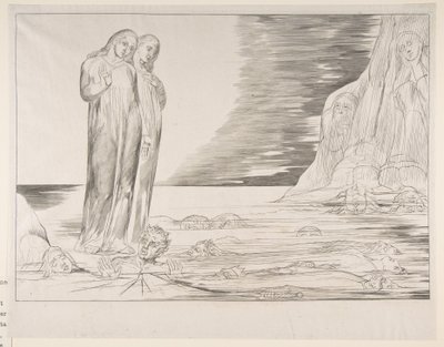 Petturien ympyrä: Dantes Foot Striking Bocca Degli Abbate, Dantes Infe..., n. 1825-27. tekijältä William Blake