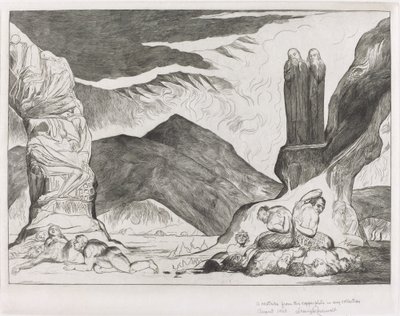 Väärentäjien ympyrä: Dante ja Virgil peittävät nenänsä hajun takia, 1827. tekijältä William Blake