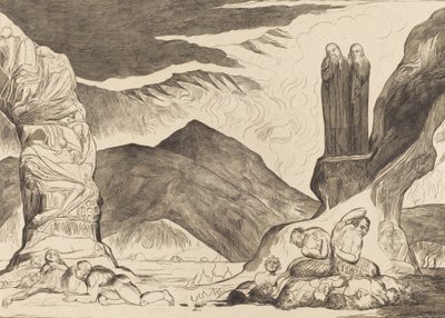 Väärentäjien ympyrä: Dante ja Virgil peittävät nenänsä hajun takia, 1827. tekijältä William Blake