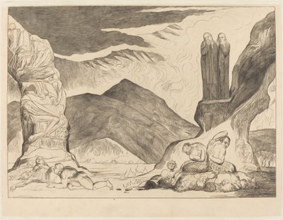 Väärentäjien ympyrä: Dante ja Virgil peittävät nenänsä pyhän takia tekijältä William Blake