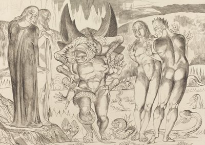 Varkaiden ympyrä, Agnolo Brunelleschi Kuusijalkaisen käärmeen kimppuun, 1827. tekijältä William Blake