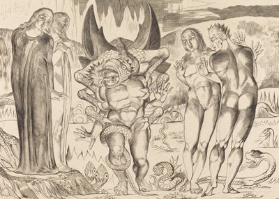 Varkaiden ympyrä, Agnolo Brunelleschi Kuusijalkaisen käärmeen kimppuun, 1827. tekijältä William Blake