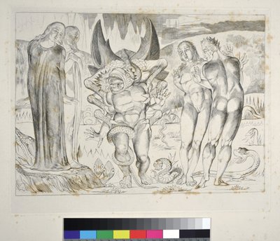 El cercle dels lladres: Agnolo Brunelleschi atacat per un infern de serp de sis peus, Cant XXV, il·lustració de la "Divina Comèdia" de Dante Alighieri finlandès tekijältä William Blake