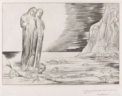 Petturien ympyrä; Danten jalka iskevä Bocca degli Abbate tekijältä William Blake