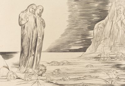 Petturien ympyrä, Danten jalka iskee Bocca degli Abbateen, 1827. tekijältä William Blake