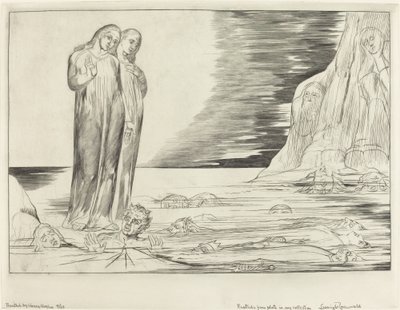 Petturien ympyrä, Danten jalka iskee Bocca degli Abbateen, 1827. tekijältä William Blake