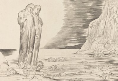 Petturien ympyrä, Danten jalka iskee Bocca degli Abbateen, 1827. tekijältä William Blake