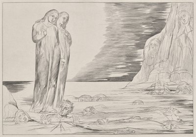 Petturien ympyrä: Danten jalka iskevä Bocca degli Abbate, Danten Infernosta, Canto XXXII kuvitus Danten jumalalliseen komediaan tekijältä William Blake