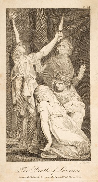 The Death of Lucretia, Allenin uusi ja puolueeton roomalainen historia, pub. 1797 (kaiverrus) tekijältä William Blake