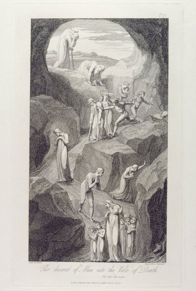 Ihmisen laskeutuminen kuoleman laaksoon, s. 8, kuvitus William Blaken (1757-1827) teoksesta "The Grave, A Poem", kaiverrus Luigi Schiavonetti (1765-1810), 1808 tekijältä William Blake