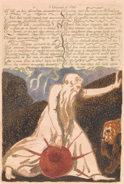 Urizenin ensimmäinen kirja, levy 20, "Elämän hylätyistä vuorista...". (Bentley 23) tekijältä William Blake