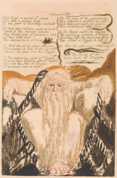 Ensimmäinen Urizenin kirja, levy 25, "He elivät vuosia...." (Bentley 28) tekijältä William Blake