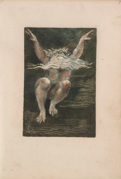 The First Book of Urizen, s. 7 (Alaton mies kelluva valkoinen parta, joka näyttää nousevan syvään veteen) 1794 (väripainettu kohokuvio wc:llä) tekijältä William Blake