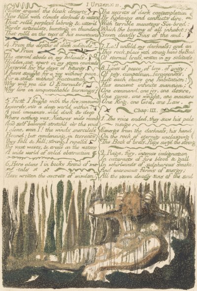 The First Book of Urizen, levy 4, "Kokoile synkkiä desartseja.." tekijältä William Blake