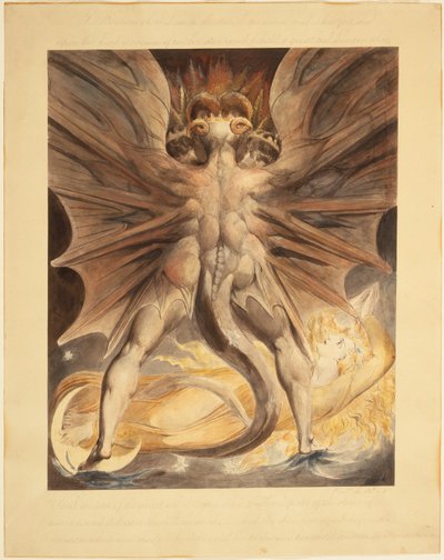 Suuri punainen lohikäärme ja nainen pukeutunut aurinkoon (Ilm. 12: 1-4), n. 1803-05 (musta muste ja akvarelli grafiitin jälkien päällä ja viivat) tekijältä William Blake