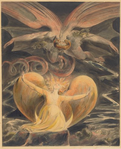 Suuri punainen lohikäärme ja aurinkoon pukeutunut nainen, n.1805 (kynä, tussi ja akvarelli). tekijältä William Blake
