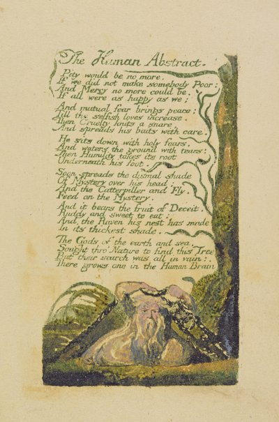 "The Human Abstract", levy 45 julkaisusta "Songs of Experience", 1794 (väripainettu kohokuvioetsaus) tekijältä William Blake