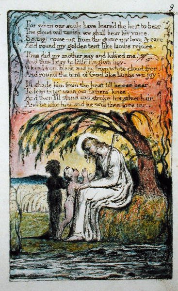 "The Little Black Boy" -levy 9 (Bentley 10) teoksesta "Songs of Innocence and of Experience" (Bentley Copy L) 1789-94 (kohotettu etsaus kynällä ja vesivärillä) tekijältä William Blake