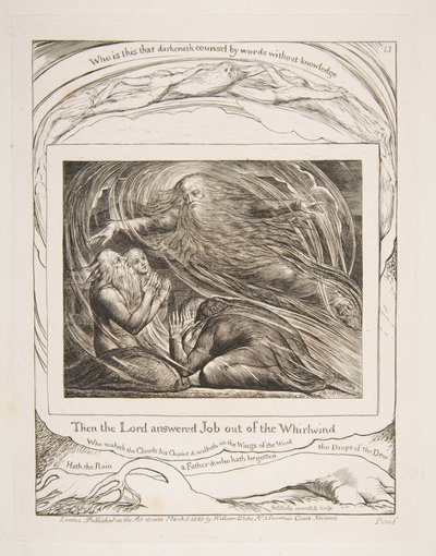 Herra vastaa Jobiin pyörteestä, Jobin kirjan kuvituksista, 1825-26. tekijältä William Blake