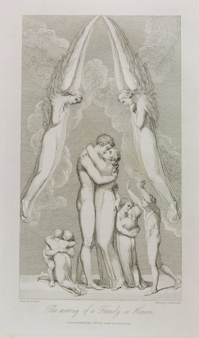 Perheen tapaaminen taivaassa, s. 4, kuvitus William Blaken (1757-1827) teoksesta "The Grave, A Poem" kaivertanut Luigi Schiavonetti (1765-1810), 1808 tekijältä William Blake