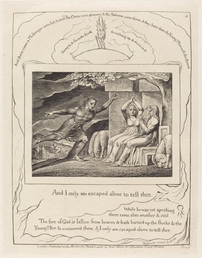Sanansaattajat kertovat Jobille hänen onnettomuuksistaan, 1825. tekijältä William Blake