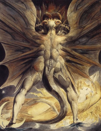 Punainen lohikäärme ja aurinkoon pukeutunut nainen, noin 1802-1805 tekijältä William Blake