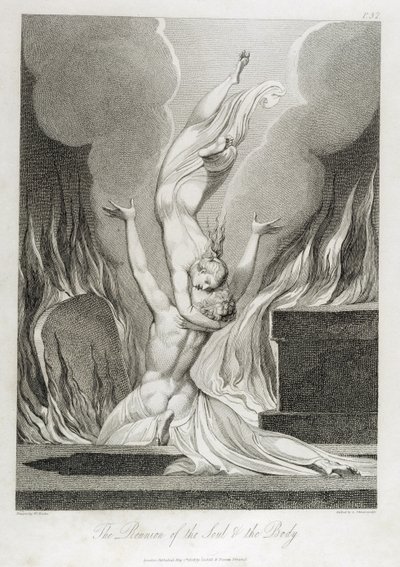 Sielun ja ruumiin jälleennäkeminen, s. 13, kuvitus William Blaken (1757-1827) teoksesta "The Grave, A, Poem", kaiverrus Luigi Schiavonetti (1765-1810), 1808 tekijältä William Blake
