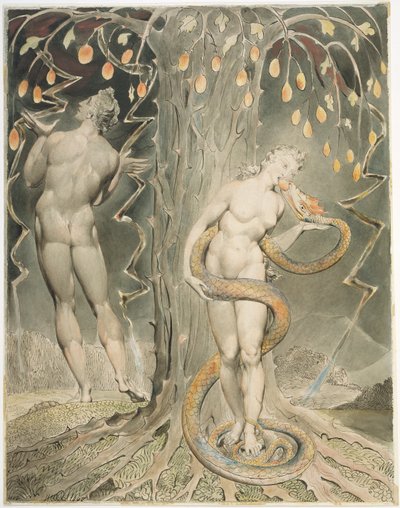 Eevan kiusaus ja lankeemus (kuvitus Miltonin teokseen ”Paradise Lost”) tekijältä William Blake