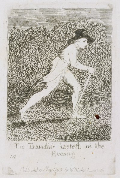 The Traveller Hasteth in the Evening, levy 15 julkaisusta "Lapsille. Paratiisin portit, 1793 tekijältä William Blake
