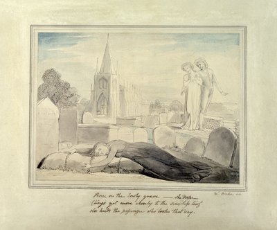 Leski halaamassa miehensä hautaa (kynä ja sivellin ja musta muste ja wc paperilla) tekijältä William Blake