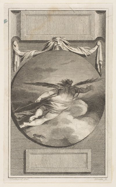 Siivekäs hahmo lentää pilvien läpi, n. 1780-87. tekijältä William Blake