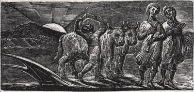 Songs the Jovial Hinds Return from Plough, kuvitus tohtori Thorntonin teoksesta "The Pastorals of Vergil" tekijältä William Blake