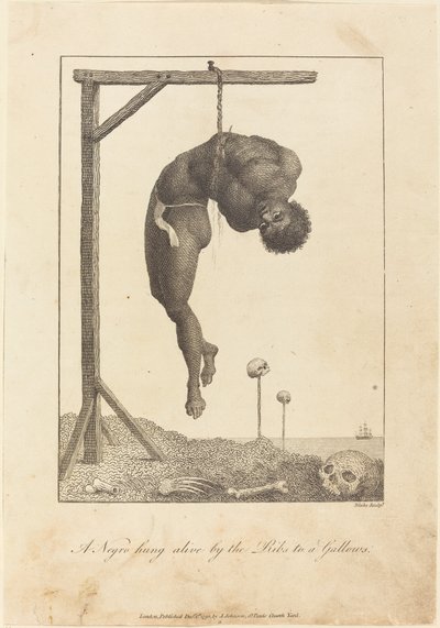 Neekeri riippui elossa kylkiluiden luona hirsipuuhun tekijältä William Blake after John Gabriel Stedman
