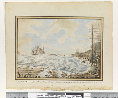 Opp. p. 194. "Osa riutta & Landing paikkoja Sydney Bay; Sirius & Supply yrittää työskennellä lahden ulkopuolella. 19. maaliskuuta 1790