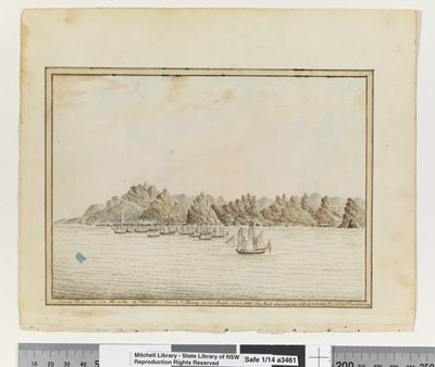 Opp. s. 19. "Santa Cruz Teneriffan kaakkoispuolella; Sirius & Convoy in the Roads. Kesäkuu 1787. Huippu, joka näkyy kahden muun vuoren välisessä kuilussa, n. 1802 (akvarelli) tekijältä William Bradley